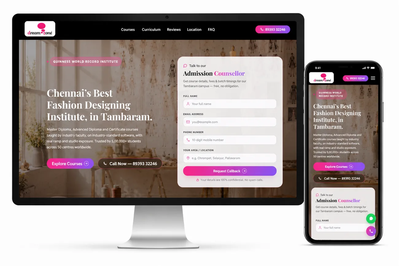 Dream Zone – Tambaram Branch website preview on laptop and mobile